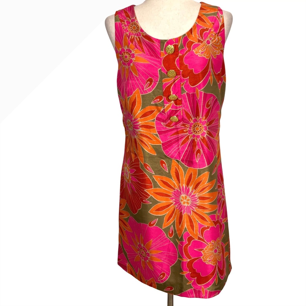 Elizabeth Howard Shift Dress Womens 8 Pink Orange Floral Mod Tropical Resortwear